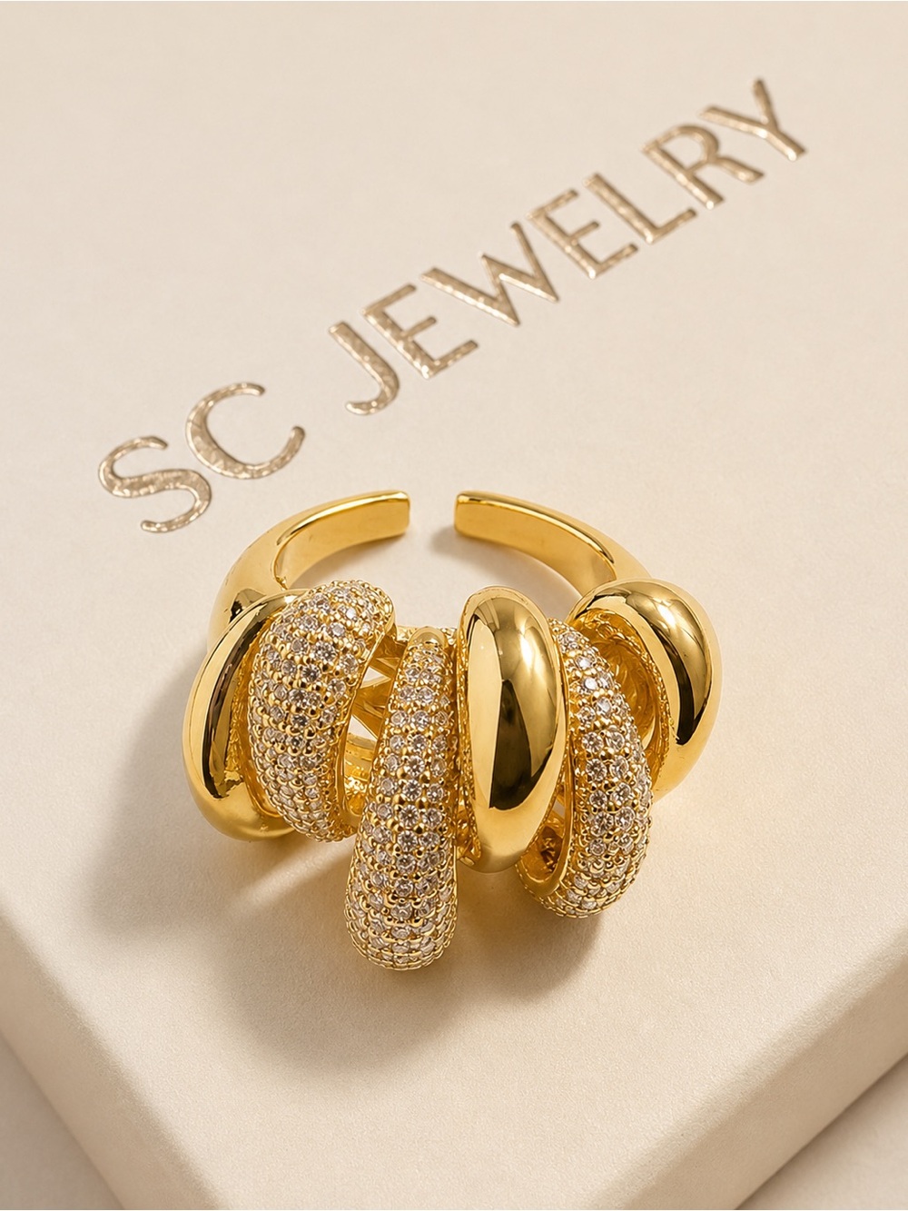 Dome Teardrop Open Ring | Cubic Zirconia | Modern Gold Tone Design - Picture 2 of 9